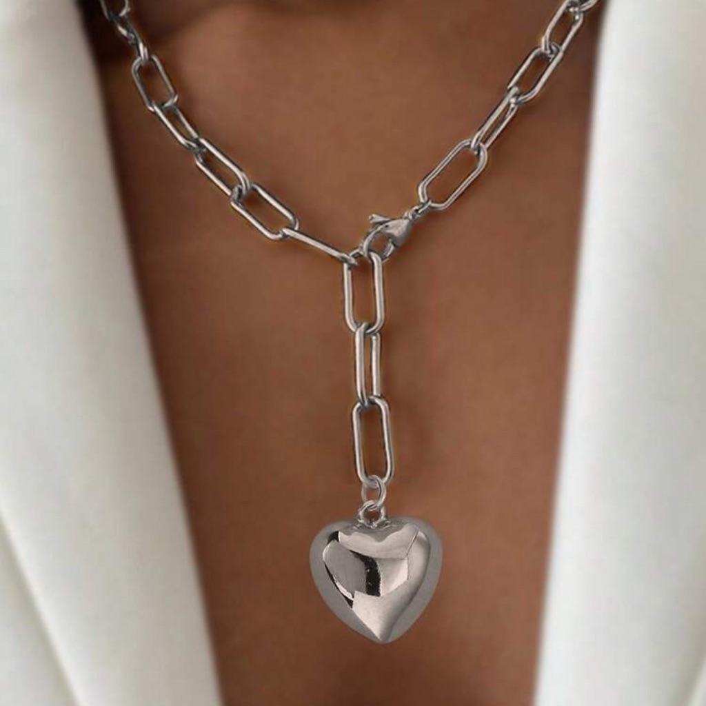 Silver Heart Pendant Paperclip Chain Necklace Statement Heart Necklace